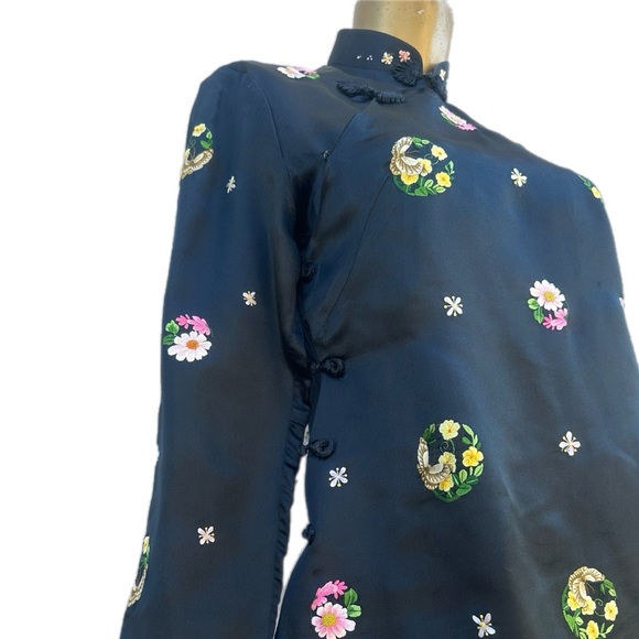 Vintage Chinese Silk Embroidered Top Floral Frog Closure Mandarin Collar 36 - Picture 2 of 12